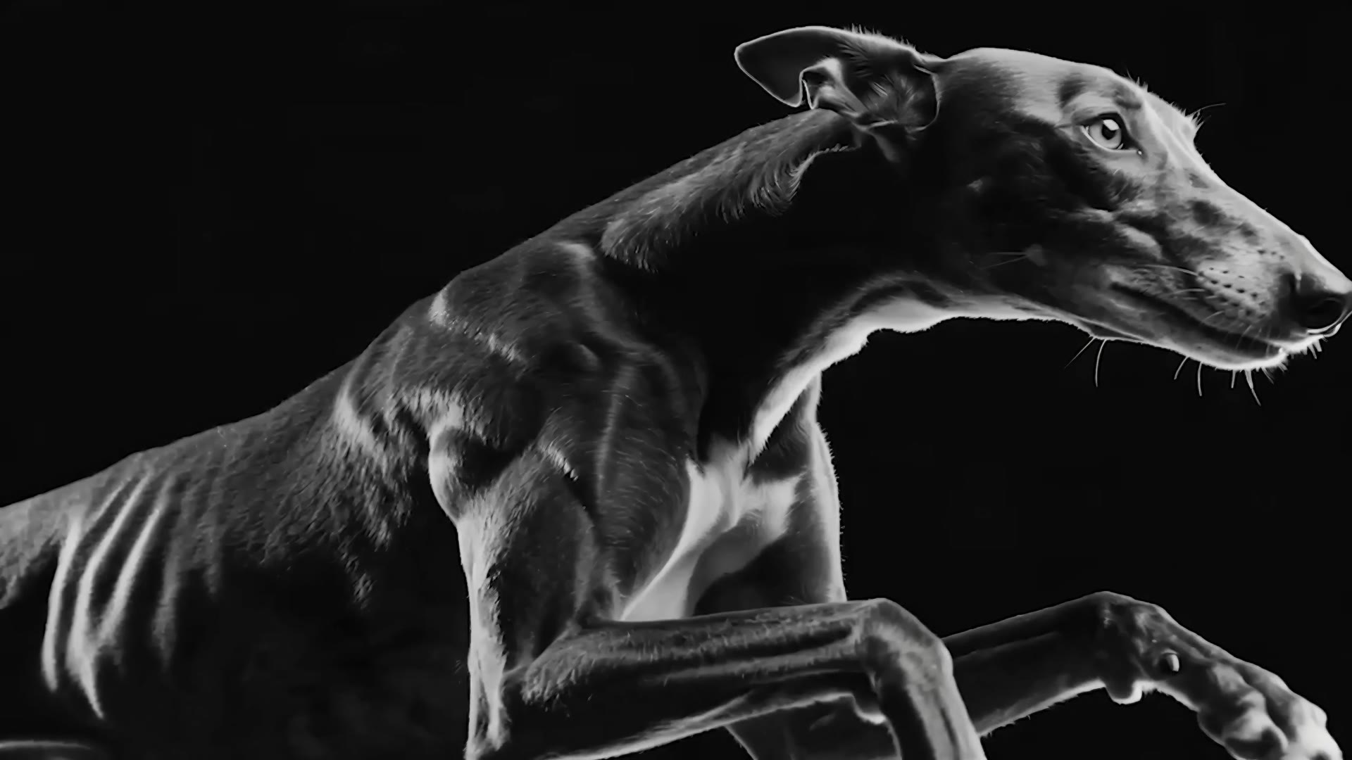 A galgo at full gallop against a dark seamless ground